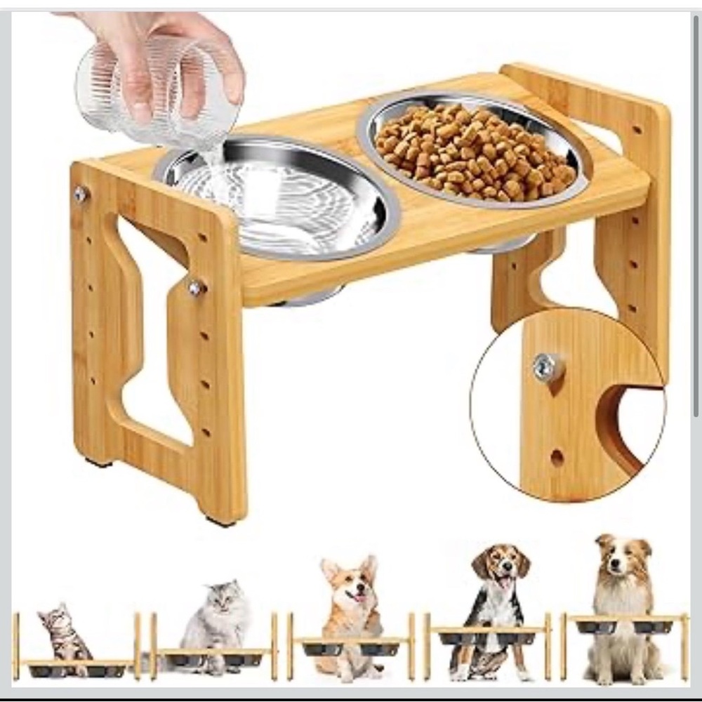 Adjustable Bamboo Pet Feeder with Stainless Steel Bowls